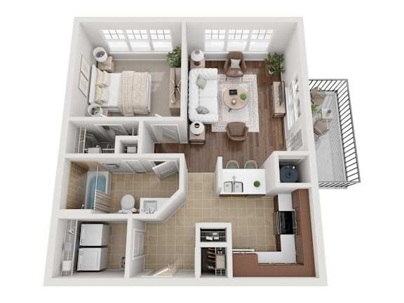 A top-down view of a small apartment with a kitchen, living room, and bathroom.