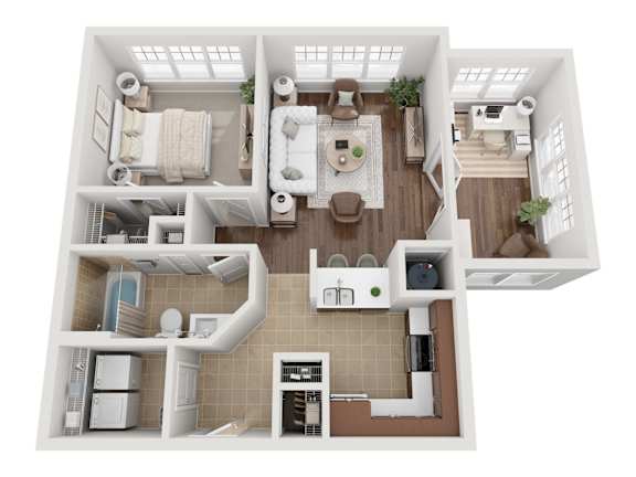 A 3D floor plan of a house showing a kitchen, living room, and bathroom.