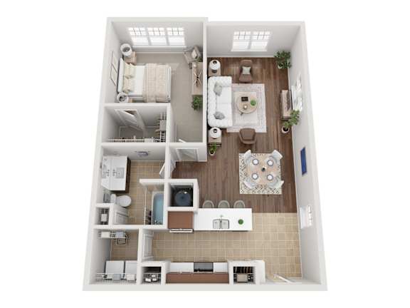 A top-down view of a small apartment with a kitchen, living room, and bathroom.