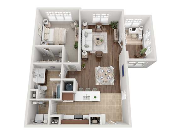 A top-down view of a small apartment with a kitchen, living room, and bathroom.