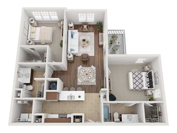 A top-down view of a small apartment with a kitchen, living room, and bathroom.