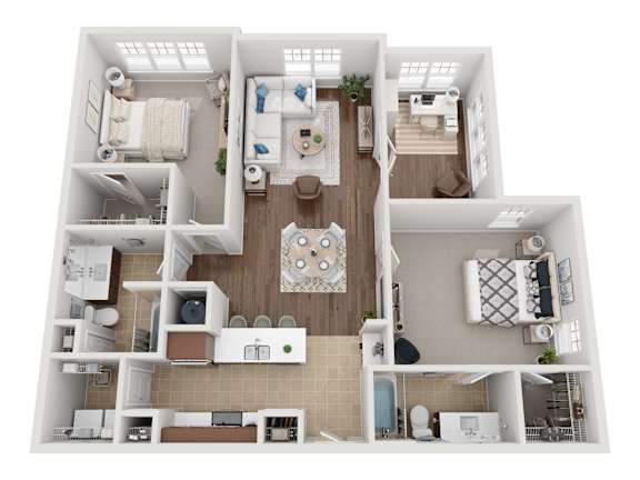A top-down view of a small apartment with a kitchen, living room, and bathroom.