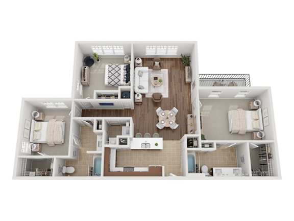 A top-down view of a house layout with a kitchen, living room, and bathrooms.