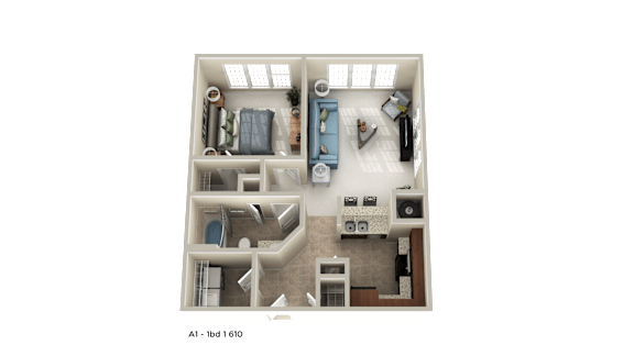 A 1 bed 16 sq ft apartment layout.