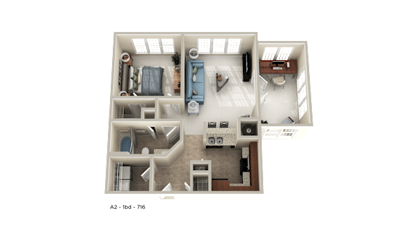 A 3D floor plan of a small apartment layout.