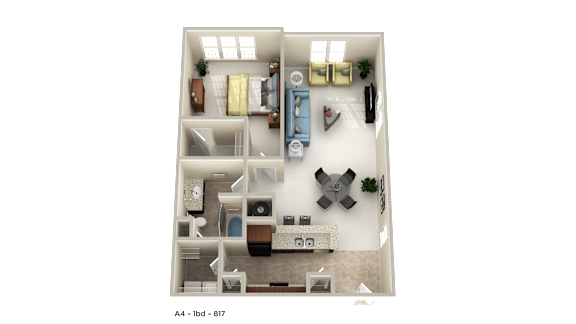 A floor plan of an apartment with two bedrooms, a living room, a kitchen, and a bathroom.