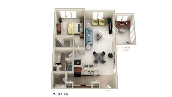 A floor plan of a two-bedroom apartment with a living room, kitchen, and bathroom.