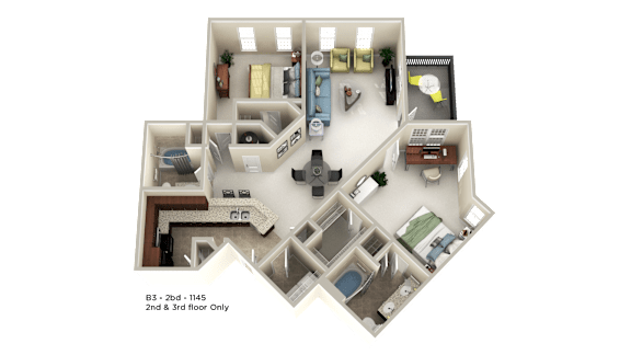 A 3D floor plan of a house with a note indicating the 2nd and 3rd floor are for 2 bedrooms.