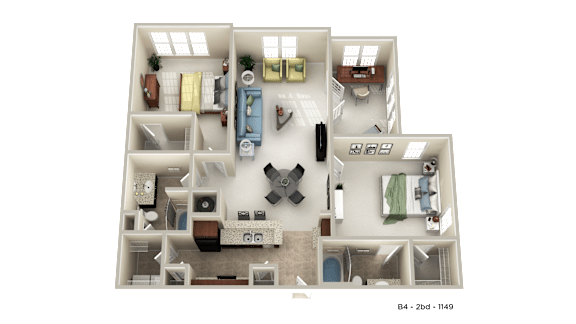 A 3D floor plan of a two-bedroom apartment.