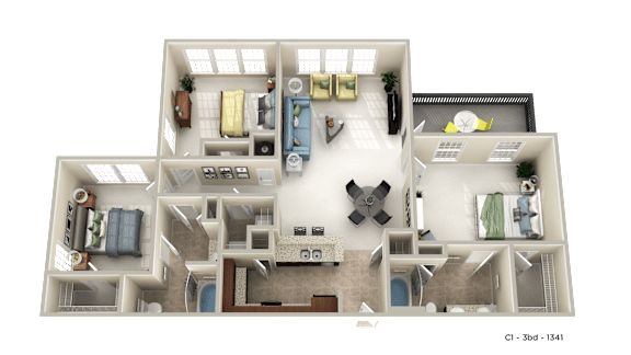 A 3D floor plan of a house layout.