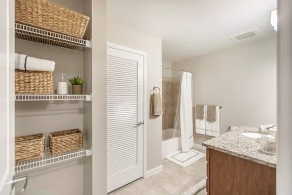 NoBe Market Apartments in North Bethesda, Maryland Model Bathroom with Linen Closet