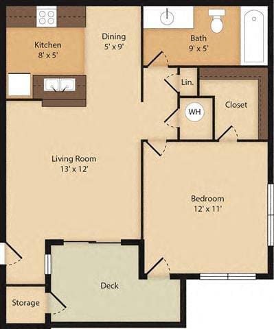 A floor plan of a small apartment with a kitchen, living room, bedroom, and bathroom.