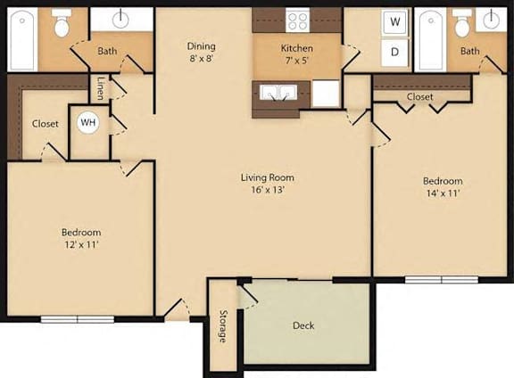 A floor plan of a house with a deck and two bedrooms.