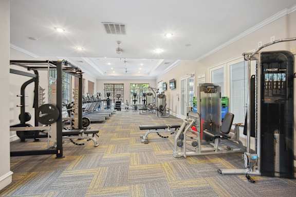 A well-equipped gym with various exercise machines and weightlifting equipment.