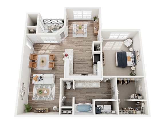 Floor Plan  A top-down view of a modern, open-concept floor plan with a kitchen, living room, dining area, and bathroom.