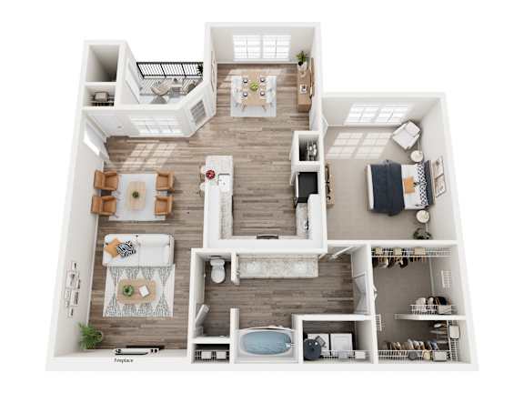 A top-down view of a well-organized apartment with a kitchen, living room, and bathroom.