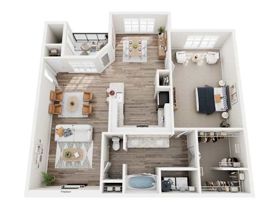 A top-down view of a modern, open-concept floor plan with a kitchen, living room, dining area, and a bathroom.