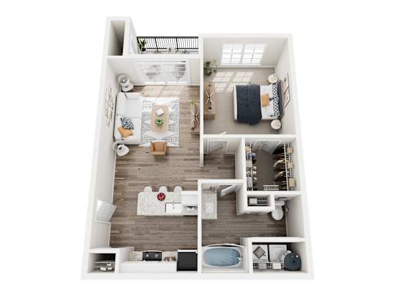 A top-down view of a modern apartment with a kitchen, living room, and bedroom.