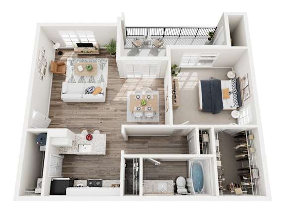 A top-down view of a small, neatly organized apartment with a living room, kitchen, and bathroom.