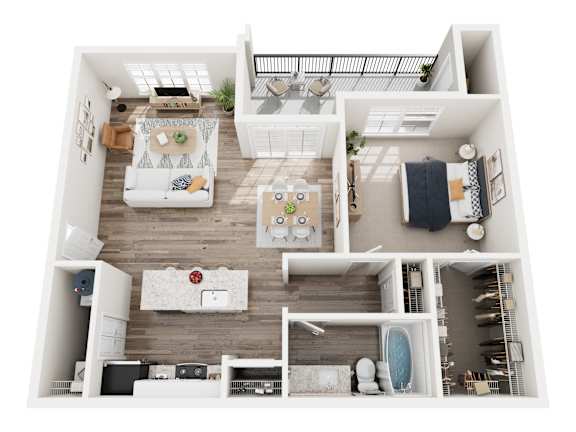 A top-down view of a modern apartment with a kitchen, living room, and bathroom.