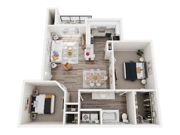 A top-down view of a small apartment with a kitchen, living room, and bedroom.