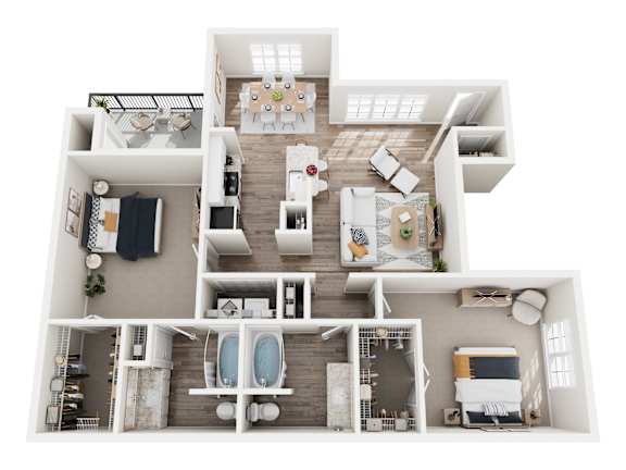 A top-down view of a modern apartment layout with a kitchen, living room, dining area, and bedrooms.