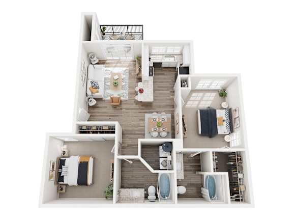 A white interior design of a house with a kitchen, living room, and bathroom.