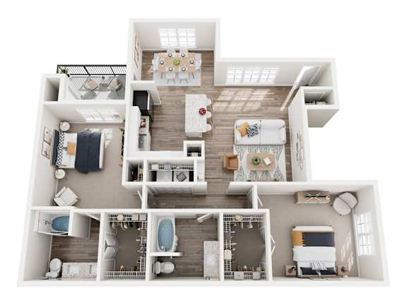 A white model of a house with various rooms and furniture.