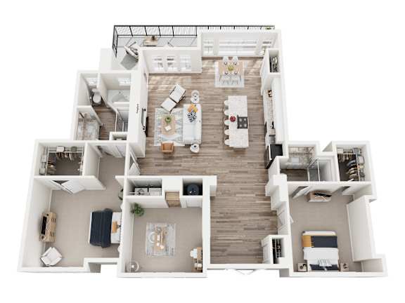 2 bedroom 3D floorplan with balcony, dining room, living room, in unit laundry