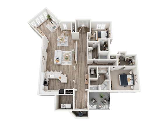 A top-down view of a small apartment with a kitchen, living room, and bedroom.
