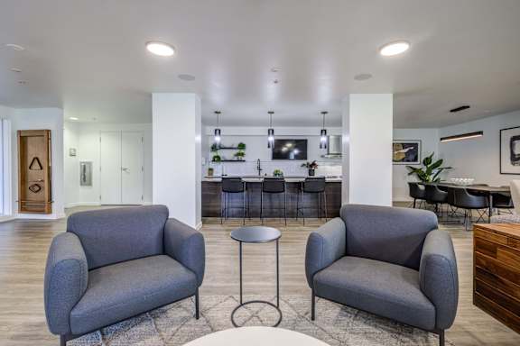 Two grey armchairs are placed in a modern living room.