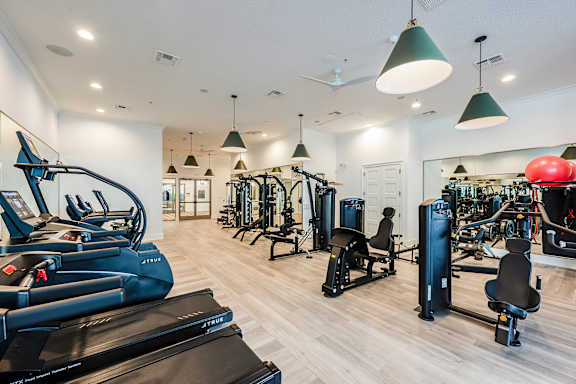 A gym with treadmills, weights, and exercise equipment.