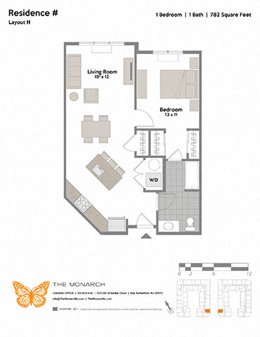 Layout H 1 Bed 1 Bath Floor Plan at The Monarch, East Rutherford, NJ