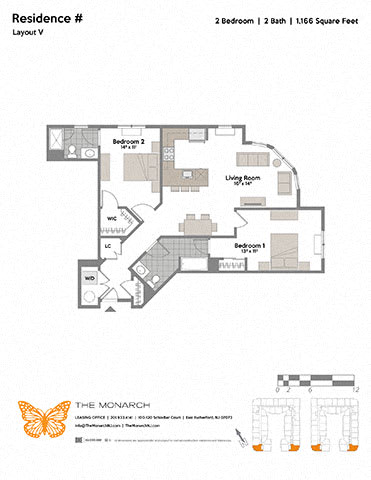 Layout V 2 Bed 2 Bath Floor Plan at The Monarch, New Jersey, 07073