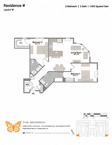 Layout W 2 Bedroom 2 Bathroom Floor Plan at The Monarch, East Rutherford, NJ, 07073