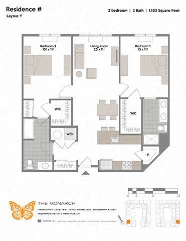 Layout Y 2 Bed 2 Bath Floor Plan at The Monarch, East Rutherford, 07073