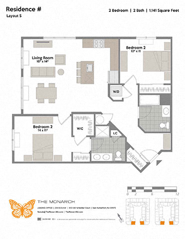Layout S 2 Bed 2 Bath Floor Plan at The Monarch, New Jersey