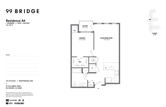 1 Bedroom D 1 Bath Floor Plan at 99 Bridge, New Jersey, 08857
