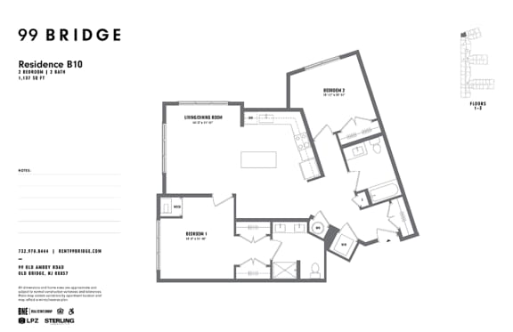 2 Bedrooms B and 2 Bathrooms Floor Plans at 99 Bridge, Old Bridge