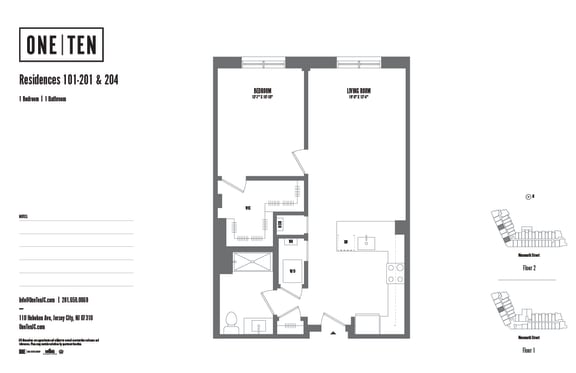1 bed 1 bath floor plan at One Ten Apartments, Jersey City , NJ, 07310