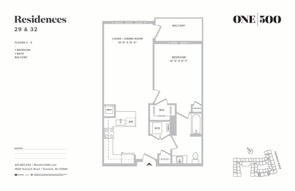 A4 1 Bed 1 Bath Floor Plan at One500, New Jersey