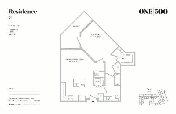 A7 1 Bed 1 Bath Floor Plan at One500, New Jersey, 07666