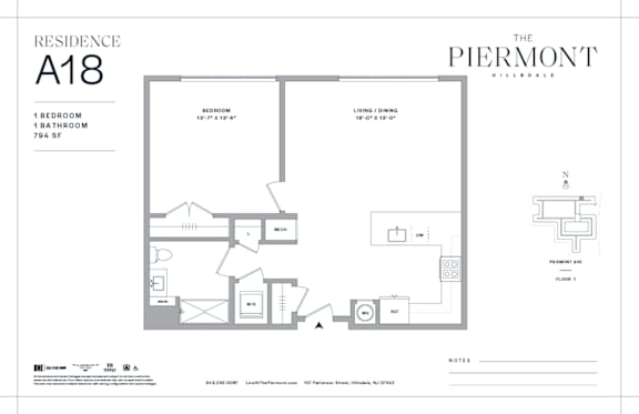 One bedroom floor plan a18 layout at The Piermont Apartments, Hillsdale, 07642