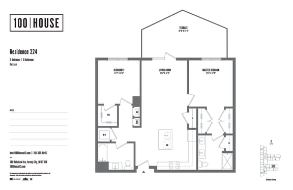 2 bed 2 bath floor plan at 100 House Apartments, Jersey City , 07310
