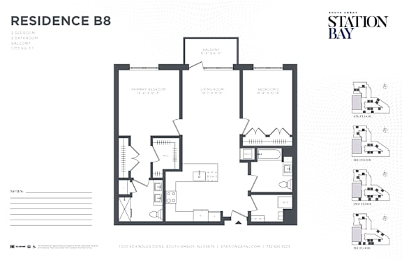 A black and white floor plan of Residence B8 with labeled rooms.