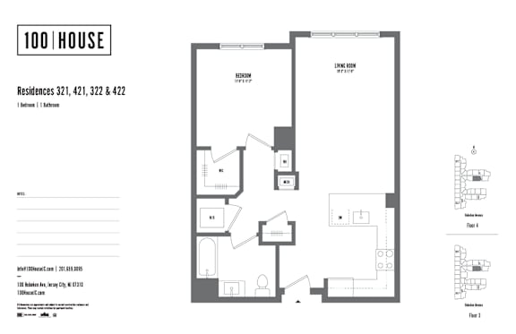 1 bed 1 bath floor plan J at 100 House Apartments, New Jersey, 07310