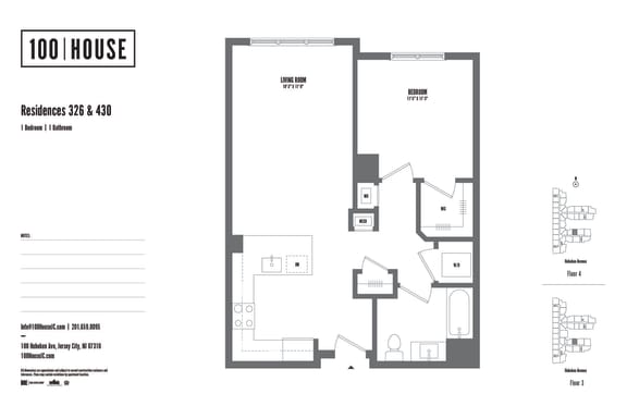 1 bed 1 bath floor plan I at 100 House Apartments, New Jersey
