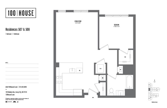 1 bed 1 bath floor plan N at 100 House Apartments, Jersey City , New Jersey