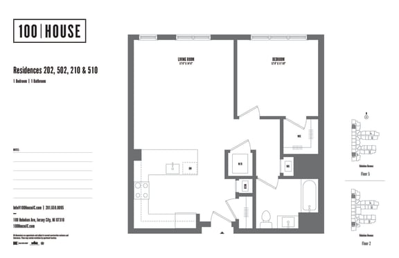 1 bed 1 bath floor plan R at 100 House Apartments, Jersey City , NJ, 07310