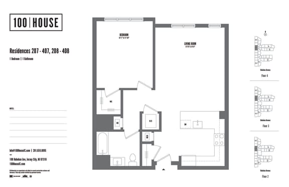 1 bed 1 bath floor plan S at 100 House Apartments, Jersey City , NJ
